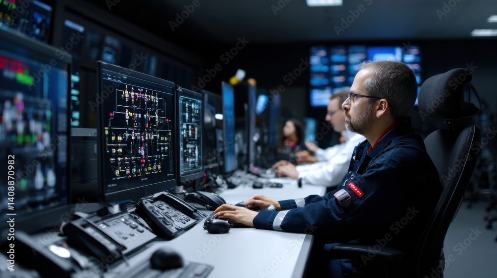 Aufkleber A man is sitting at a desk with several computer monitors in front of him
