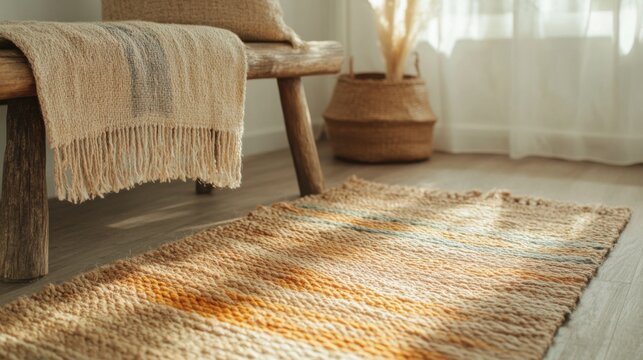 Cozy interior design with natural fiber rug modern living room home decor bright atmosphere warm lighting aesthetic comfort