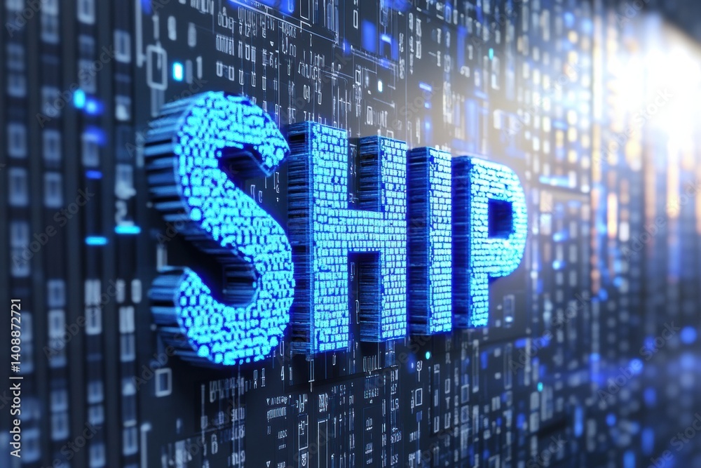 Aufkleber Transformative Logistics AI Innovative Digital Route Mapping Technology Visualizing Supply Chain Optimization with Futuristic Blue Pixel Typography