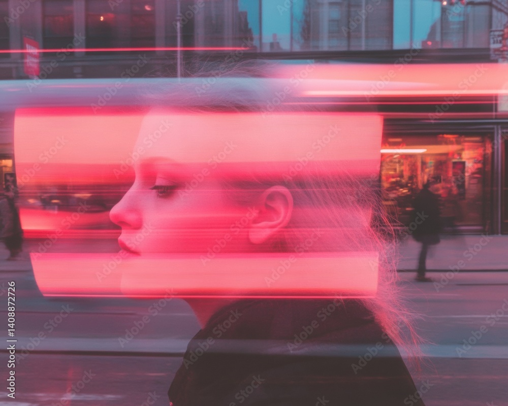 Poster cybernetic urban flow blurred motion aesthetic capturing digital nomads sensory immersion in hypermo