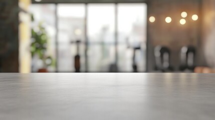 Minimalist Tech-Wellness Studio Interior Sleek Gray Surface Mockup with Blurred Fitness Space - Modern Productivity and Health Design Concept