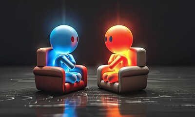 Two glowing, animated figures in chairs engage in a conversation or mutual interaction.