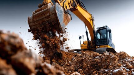 A large yellow excavator is digging into the ground