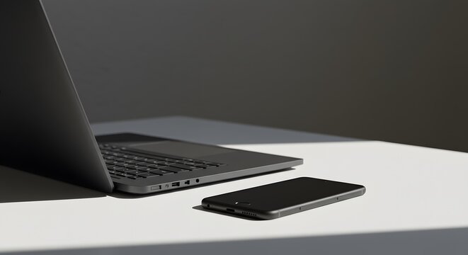 Laptop and phone on white desk in sunlight - workspace, technology, minimalist setup, personal electronics, desktop - Powered by Adobe