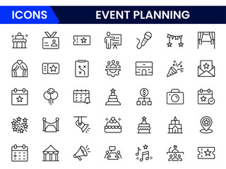 Vector illustration web line icon collection featuring event planning symbols like calendar, checklist, budget, venue, invitations, and party details.