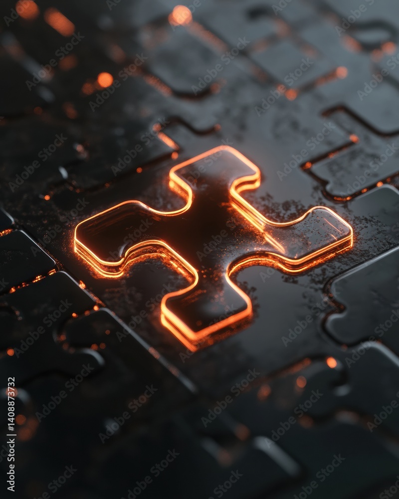 Poster Cybernetic Solutions Visualization Glowing Neon Puzzle Piece Integration - Next-Gen Tech Connectivity and Modular Innovation Breakthrough