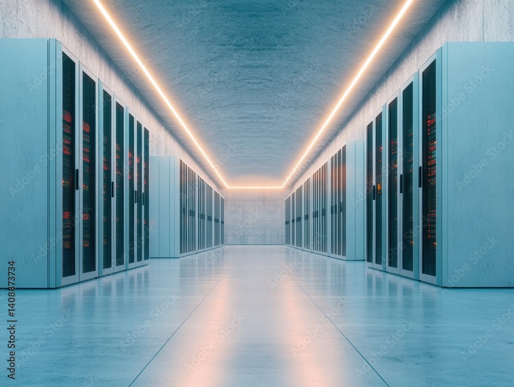 Aufkleber Quantum Edge Data Infrastructure Sleek Minimalist Server Corridor Showcasing Next-Gen Cloud Computing Reliability and Hyperscale Digital Transformation