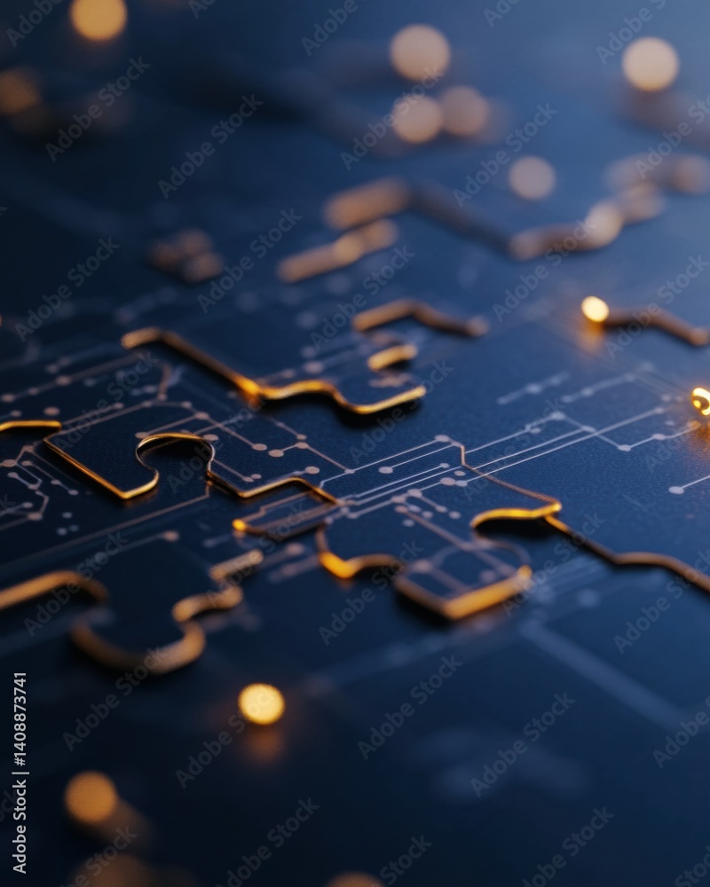 Aufkleber Next-Gen Digital Integration Illuminated Circuit Puzzle Visualizing AI-Powered Tech Connectivity and Innovative Software Architecture Transformation