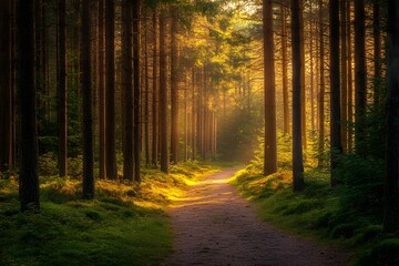 Fototapeta premium Nature Cathedral Sunlight Streaming Through Pine Trees