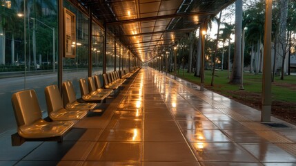 Fototapeta premium A long walkway with many benches and a few trees
