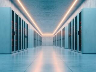 Quantum Edge Data Infrastructure Sleek Minimalist Server Corridor Showcasing Next-Gen Cloud Computing Reliability and Hyperscale Digital Transformation