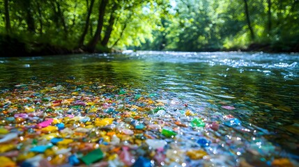 Garbage Nature Trash, Vibrant river polluted with colorful microplastics