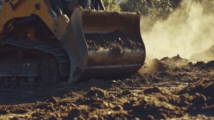 A construction worker operating a bulldozer to level ground on a construction site. Featuring power and focus