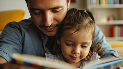 adult man reading a storybook with a young girl in a cozy living room setting, fostering imagination and bonding - Powered by Adobe