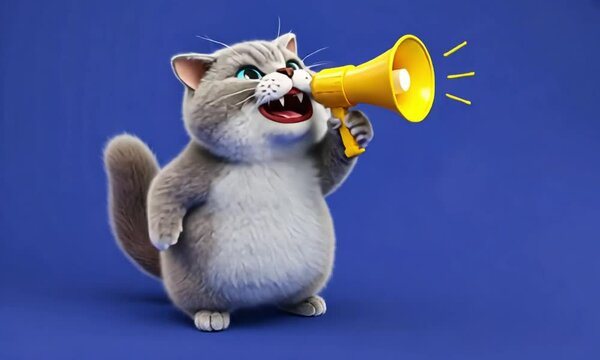 A fluffy cartoon cat passionately shouting into a yellow megaphone on a vibrant blue background.