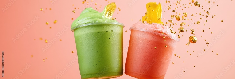 Poster aesthetic matcha fusion trendsetting beverage design with floating soft-matte cups, metallic gold ac