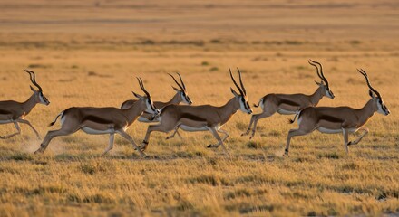 Springbok herd running with African savanna.