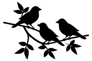 Bird Silhouettes On Branch Graphic Art Vector Illustration Featuring Three Birds On A Twig With Leaves Against White Background