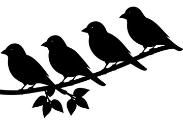 Black Silhouette Of Four Birds Perched On A Branch With Leaves Vector Illustration Isolated On White Background