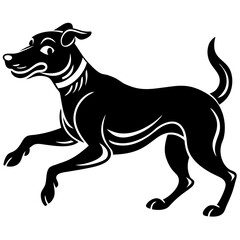 Silhouette Illustration Of A Running Dog With Retro Styling And Black Outline On White Background