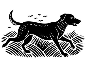 Minimalist Black And White Illustration Of A Labrador Running Through Grass With Birds Above,Simple Design