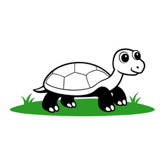 Cartoon Turtle Illustration Walking On Grass Simple Black And White Cute Graphic Vector Image