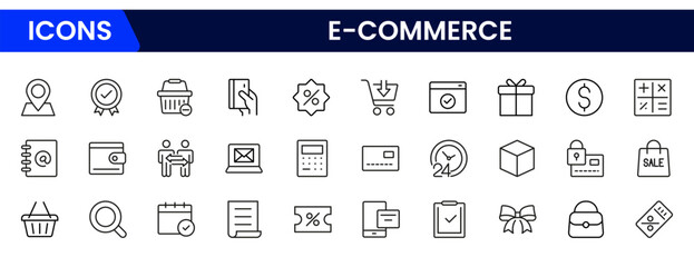 Vector illustration web line icon collection featuring shopping carts, mobile payments, online stores, product listings, delivery boxes, discount tags, checkout, user reviews, and transactions.