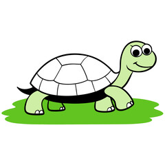 Cartoon Turtle Vector Illustration Adorable Reptile On Green Grass Flat Design Animal Character Perfect For Children And Educational Resources