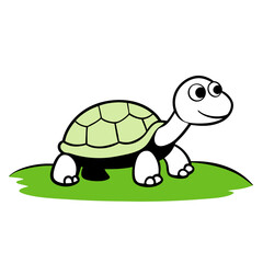 Cute Turtle Cartoon Illustration On Green Grass Whimsical Animal With Big Eyes And Smiling Expression Friendly Character Design