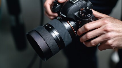 Photographer adjusting camera settings during a portrait session. Featuring creativity and professionalism