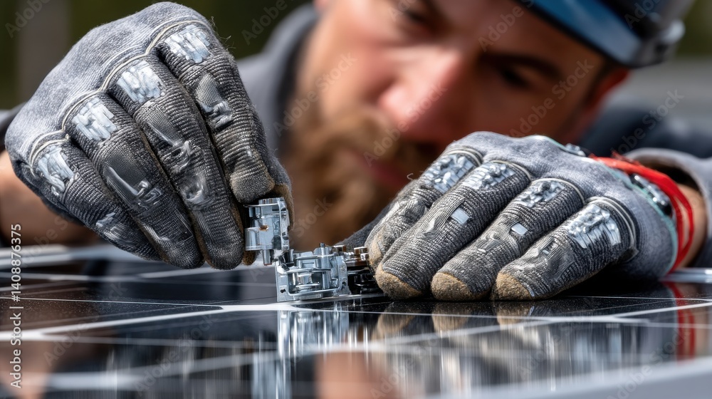 Poster a man is wearing gloves and fixing a small object