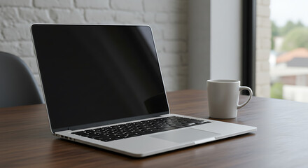 Fototapeta premium Laptop and coffee mug on a wood desk by a window, against a brick wall.