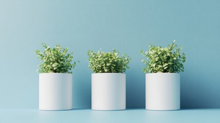 Fototapeta premium Three potted plants, minimalist scene, light blue background, simple interior design.
