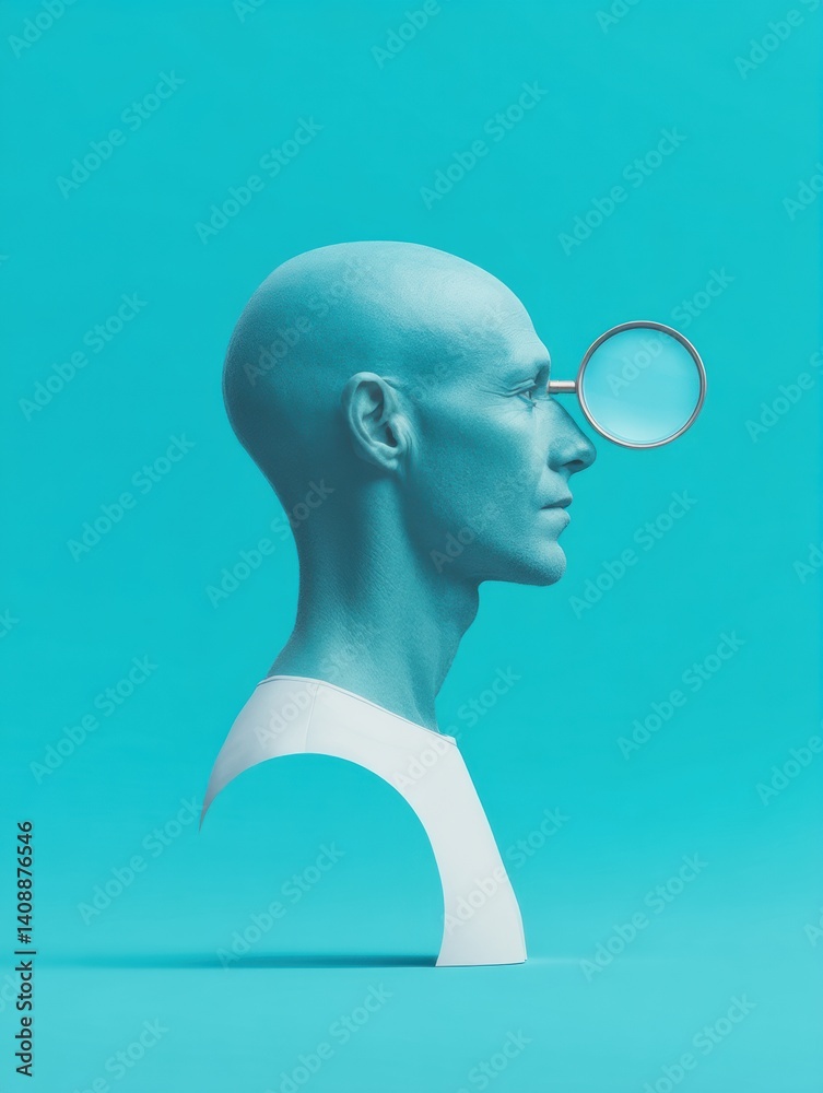 Poster minimalist cognitive exploration monochromatic profile with magnifying lens - surreal visual metapho