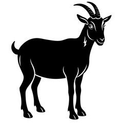 Isolated Black And White Graphic Of A Goat Standing In Silhouette With Horns Looking Peaceful On White