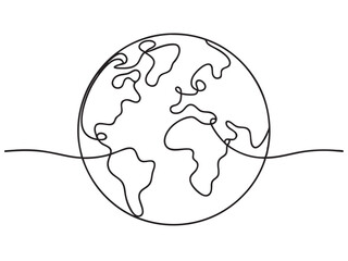 Continuous one line art drawing of earth planet, Globe, geography vector outline, Single line illustration of world map