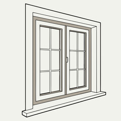 Isometric Illustration Of Closed Window Frame With Double Hung Style And Decorative Molding On Beige Background