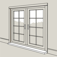Contemporary Gridded Window Frame Outlining Nature Scene In Minimalist Illustration With Neutral Palette