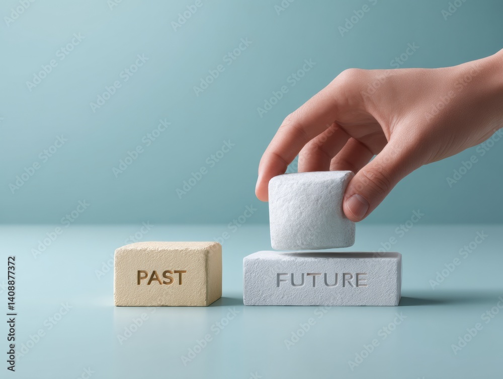 Poster Minimalist Transition Metaphor Strategic Future Planning with Wooden Blocks - Innovative Business Progression and Transformative Milestone Achievement