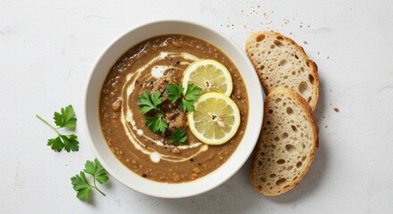 Bowl of lentil soup with lemon slices parsley and bread on white surface.