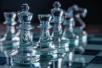 Transparent glass chess pieces on a reflective chessboard with dynamic lighting