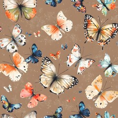 Watercolor Butterfly Seamless Pattern Brown Background