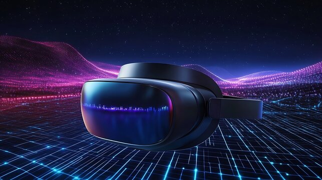 High-tech VR headset glowing against a neon digital landscape symbolizing innovation