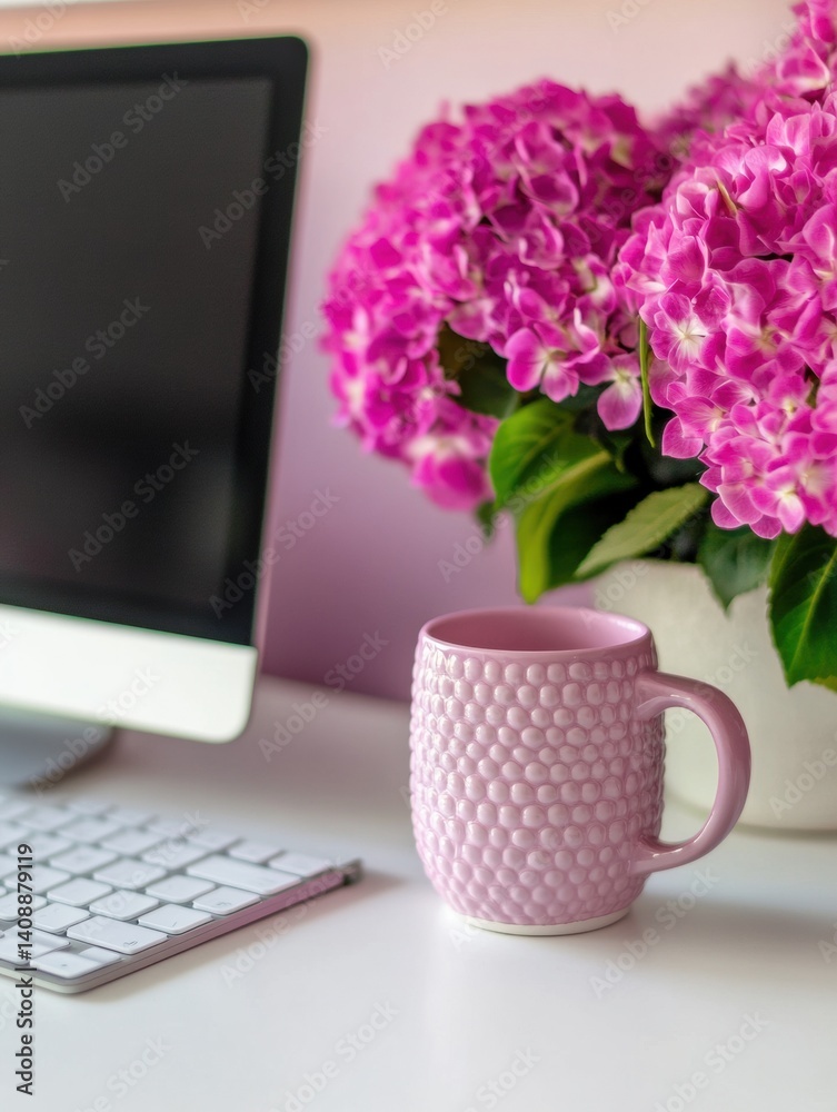 Poster soft minimalist workspace elevated home office design with textured pink ceramic mug, vibrant hydran