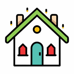 Playful House Vector Icon With Green Roof,Teal Door,And Chimneys Represents Home Ownership And Real Estate In A Simple Graphic