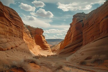 Sandstone canyon under a bright sky with scattered clouds and sunlight