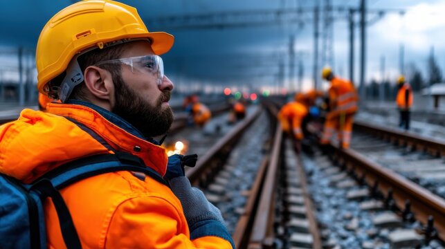 A man in a yellow hard hat stands on a train track
