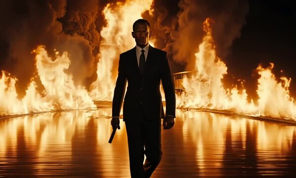 A determined man in a suit with a pistol stands before an erupting wall of fire.