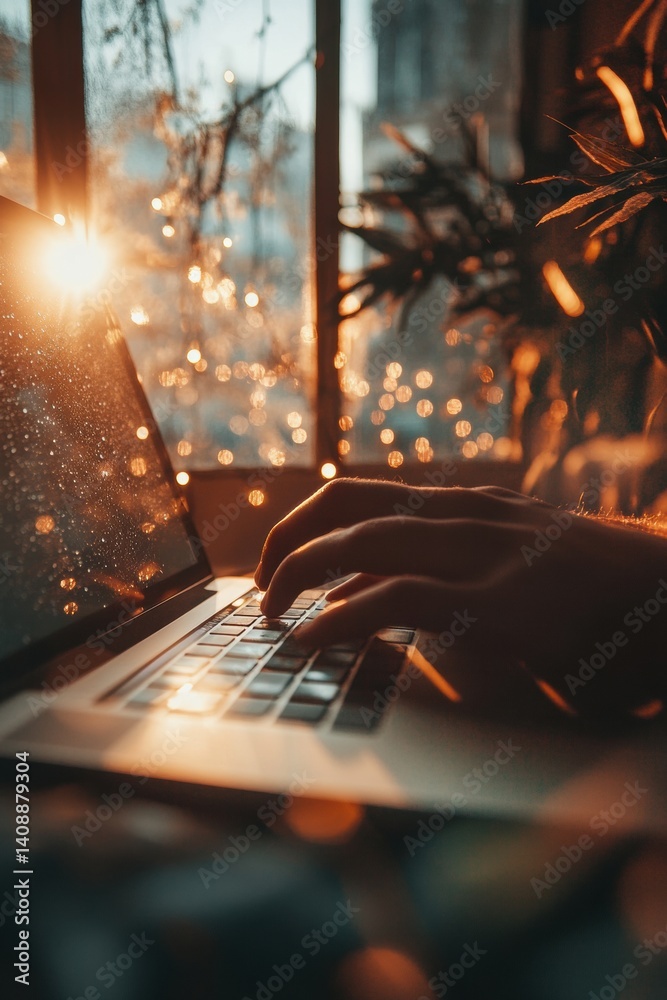 Aufkleber Mindful Digital Productivity Soft Golden Light Workspace Design - Immersive Remote Work Experience with Atmospheric Technology and Creative Flow Optimization