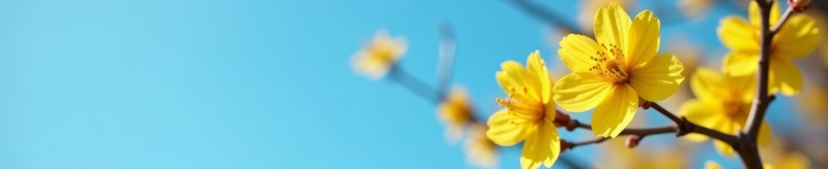 Obraz premium Close up of vibrant yellow buds against clear blue sky, sunny, fresh, blooming